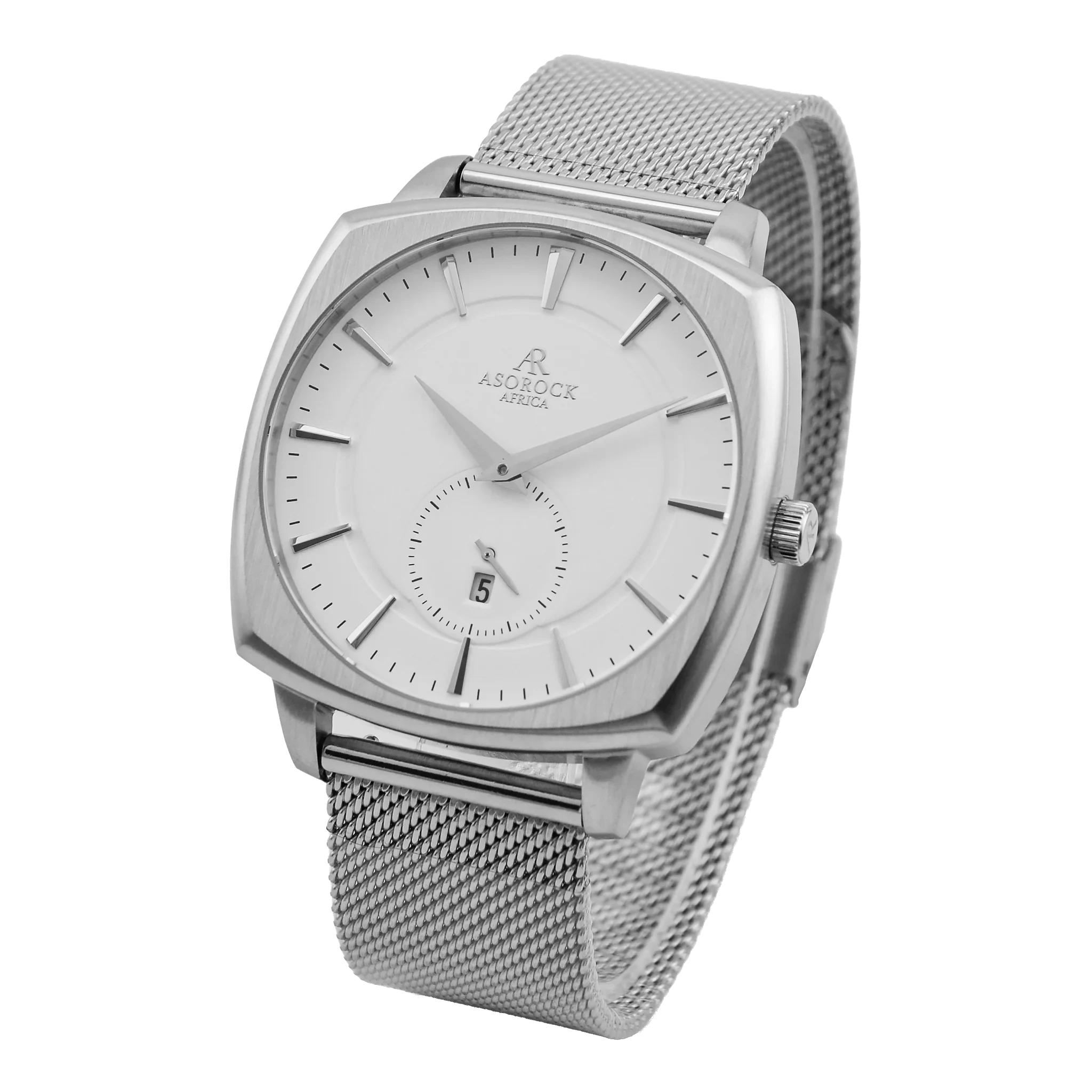 Silver/White Monolith (silver mesh strap) - from ASOROCK WATCHES  a black african american owned luxury unique watch brand with swiss rolex, Audemars Piguet, patek homage inspired style watches. Also a custom vvs moissanite diamond watch maker.