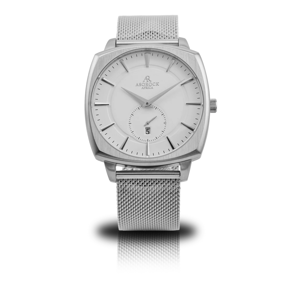 Silver/White Monolith (silver mesh strap) - from ASOROCK WATCHES  a black african american owned luxury unique watch brand with swiss rolex, Audemars Piguet, patek homage inspired style watches. Also a custom vvs moissanite diamond watch maker.