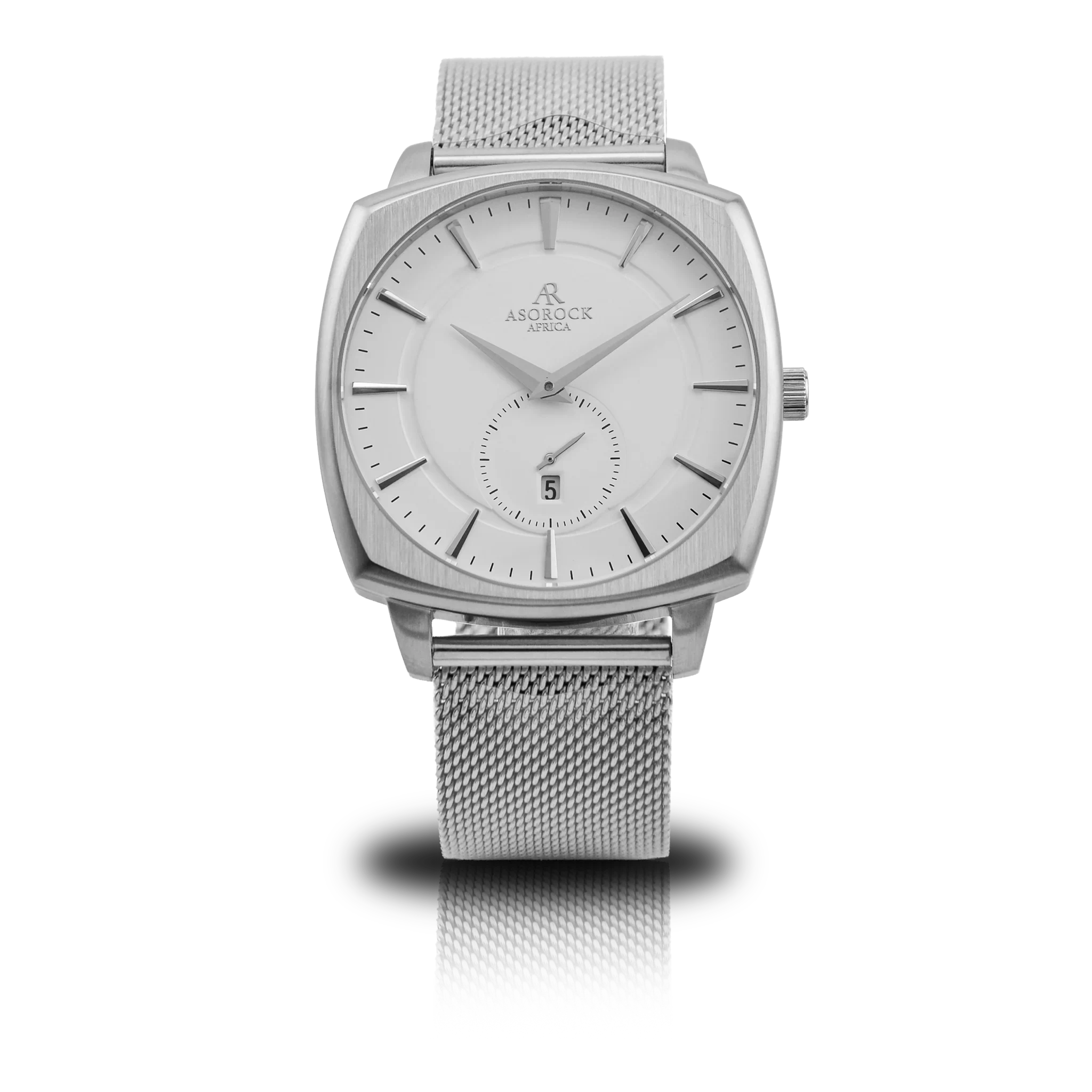 Silver/White Monolith (silver mesh strap) - from ASOROCK WATCHES  a black african american owned luxury unique watch brand with swiss rolex, Audemars Piguet, patek homage inspired style watches. Also a custom vvs moissanite diamond watch maker.
