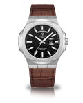 Silver/Black - brown leather strap plain Constellation Day Date - from ASOROCK WATCHES  a black african american owned luxury unique watch brand with swiss rolex, Audemars Piguet, patek homage inspired style watches. Also a custom vvs moissanite diamond watch maker.