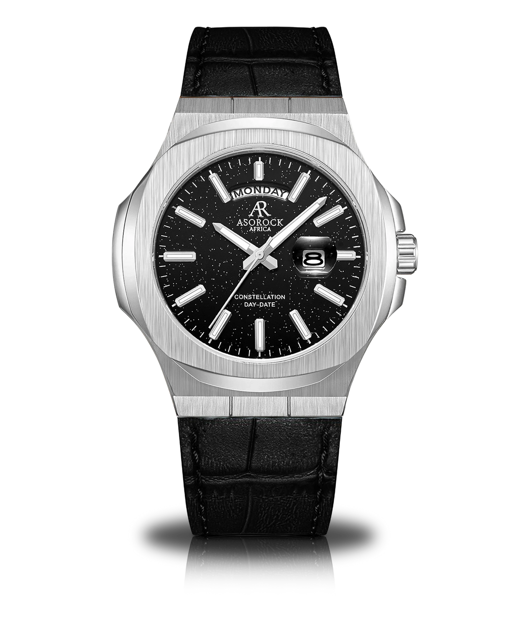 Silver/Black - black leather strap plain Constellation Day Date - from ASOROCK WATCHES  a black african american owned luxury unique watch brand with swiss rolex, Audemars Piguet, patek homage inspired style watches. Also a custom vvs moissanite diamond watch maker.