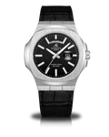 Silver/Black - black leather strap plain Constellation Day Date - from ASOROCK WATCHES  a black african american owned luxury unique watch brand with swiss rolex, Audemars Piguet, patek homage inspired style watches. Also a custom vvs moissanite diamond watch maker.