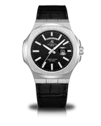 Silver/Black - black leather strap plain Constellation Day Date - from ASOROCK WATCHES  a black african american owned luxury unique watch brand with swiss rolex, Audemars Piguet, patek homage inspired style watches. Also a custom vvs moissanite diamond watch maker.