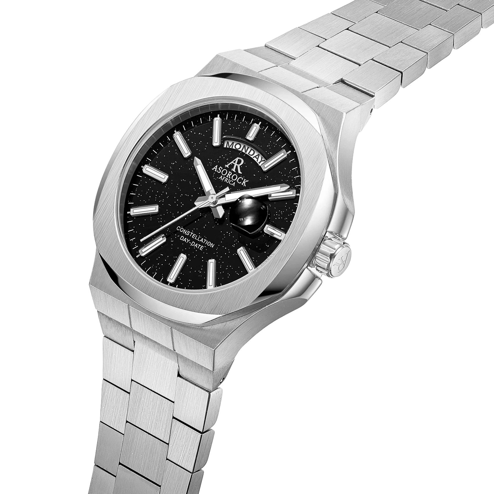 Silver/Black plain Constellation Day Date - from ASOROCK WATCHES  a black african american owned luxury unique watch brand with swiss rolex, Audemars Piguet, patek homage inspired style watches. Also a custom vvs moissanite diamond watch maker.