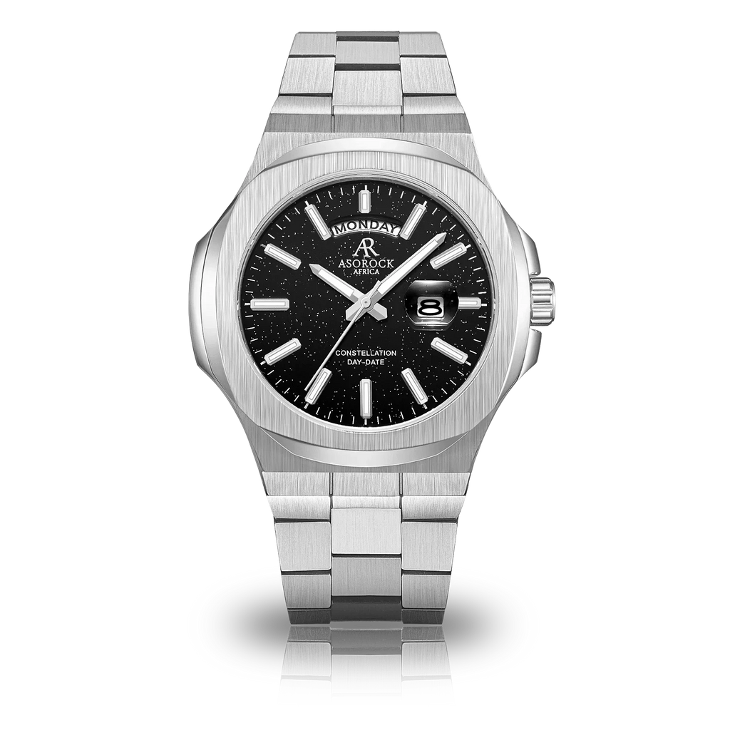 Silver/Black plain Constellation Day Date - from ASOROCK WATCHES  a black african american owned luxury unique watch brand with swiss rolex, Audemars Piguet, patek homage inspired style watches. Also a custom vvs moissanite diamond watch maker.