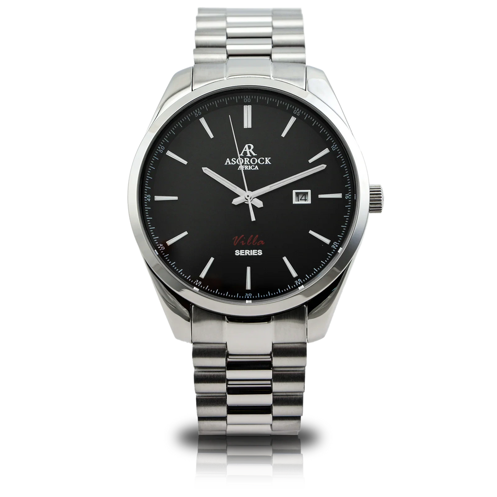 Silver/black villa - from ASOROCK WATCHES  a black african american owned luxury unique watch brand with swiss rolex, Audemars Piguet, patek homage inspired style watches. Also a custom vvs moissanite diamond watch maker.