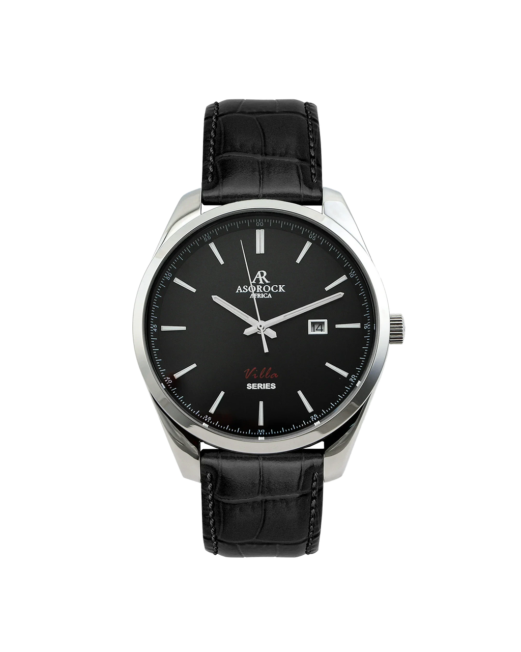 Silver/black - black leather strap Villa - from ASOROCK WATCHES  a black african american owned luxury unique watch brand with swiss rolex, Audemars Piguet, patek homage inspired style watches. Also a custom vvs moissanite diamond watch maker.