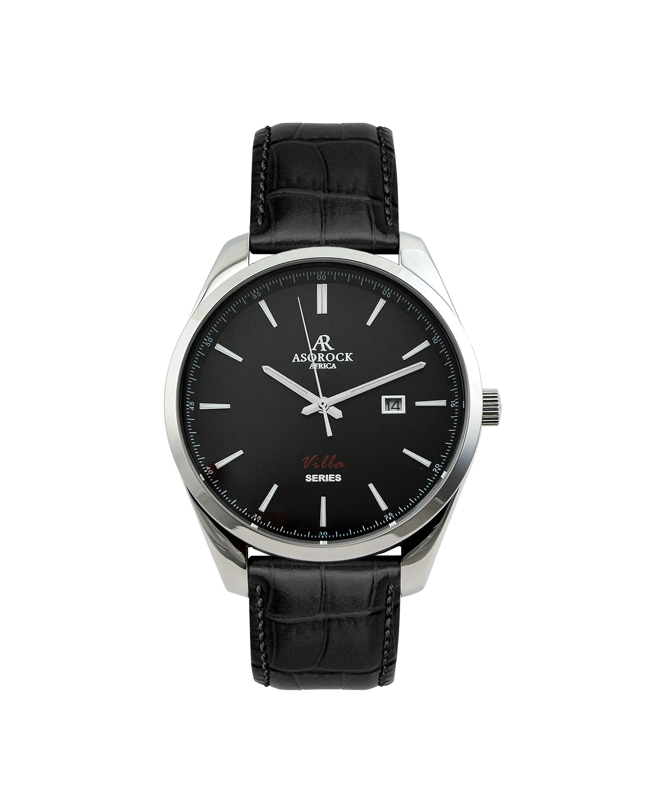 Silver/black - black leather strap Villa - from ASOROCK WATCHES  a black african american owned luxury unique watch brand with swiss rolex, Audemars Piguet, patek homage inspired style watches. Also a custom vvs moissanite diamond watch maker.