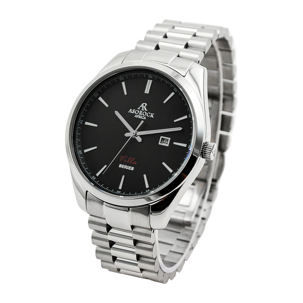 Silver/black villa - from ASOROCK WATCHES  a black african american owned luxury unique watch brand with swiss rolex, Audemars Piguet, patek homage inspired style watches. Also a custom vvs moissanite diamond watch maker.
