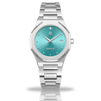 Silver/Blue turquoise dial goddess - from ASOROCK WATCHES  a black african american owned luxury unique watch brand with swiss rolex, Audemars Piguet, patek homage inspired style watches. Also a custom vvs moissanite diamond watch maker.