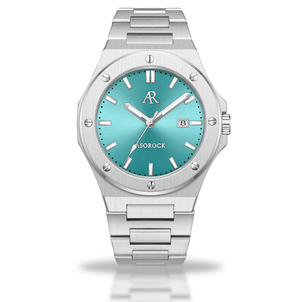 A silver watch with a blue turquoise dial and a stainless steel bracelet. The brand logo 'ASOROCK' is visible on the dial, and the watch has a butterfly buckle clasp.