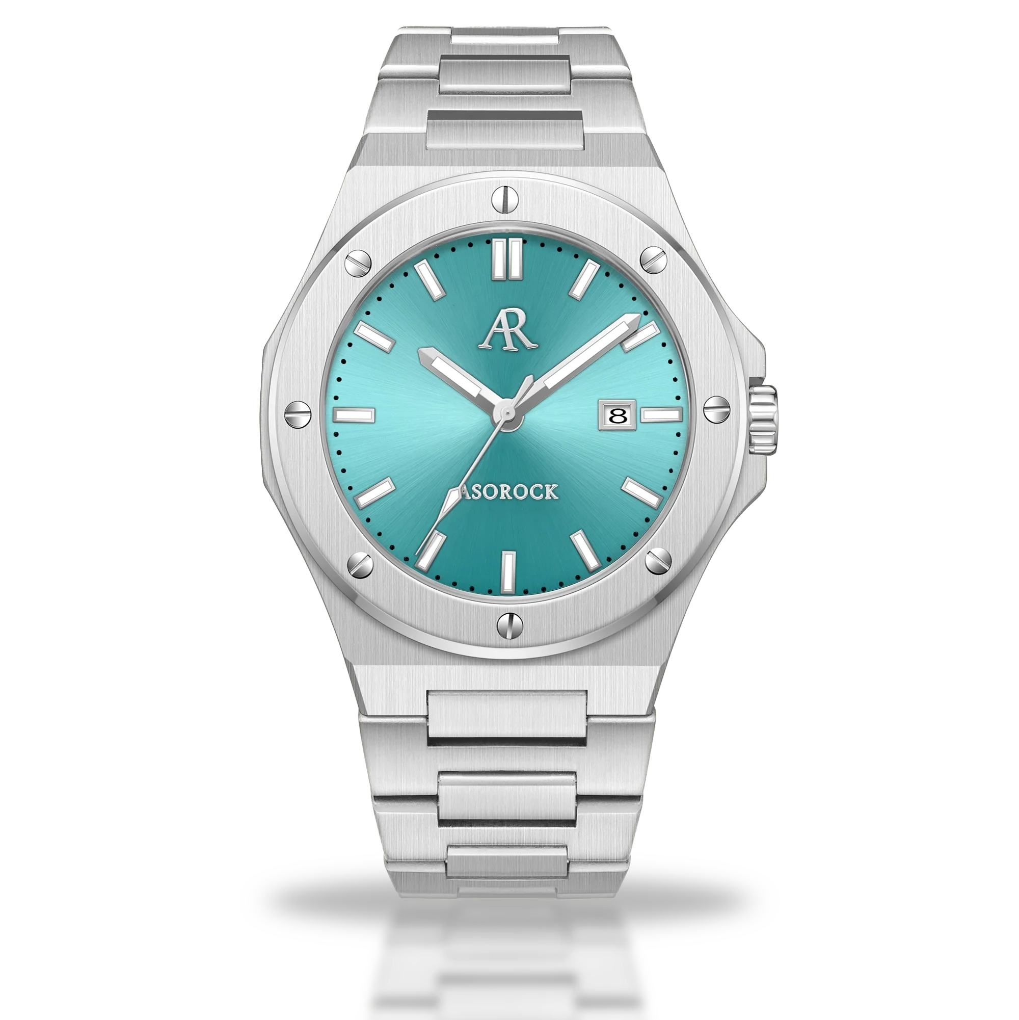 A silver watch with a blue turquoise dial and a stainless steel bracelet. The brand logo 'ASOROCK' is visible on the dial, and the watch has a butterfly buckle clasp.