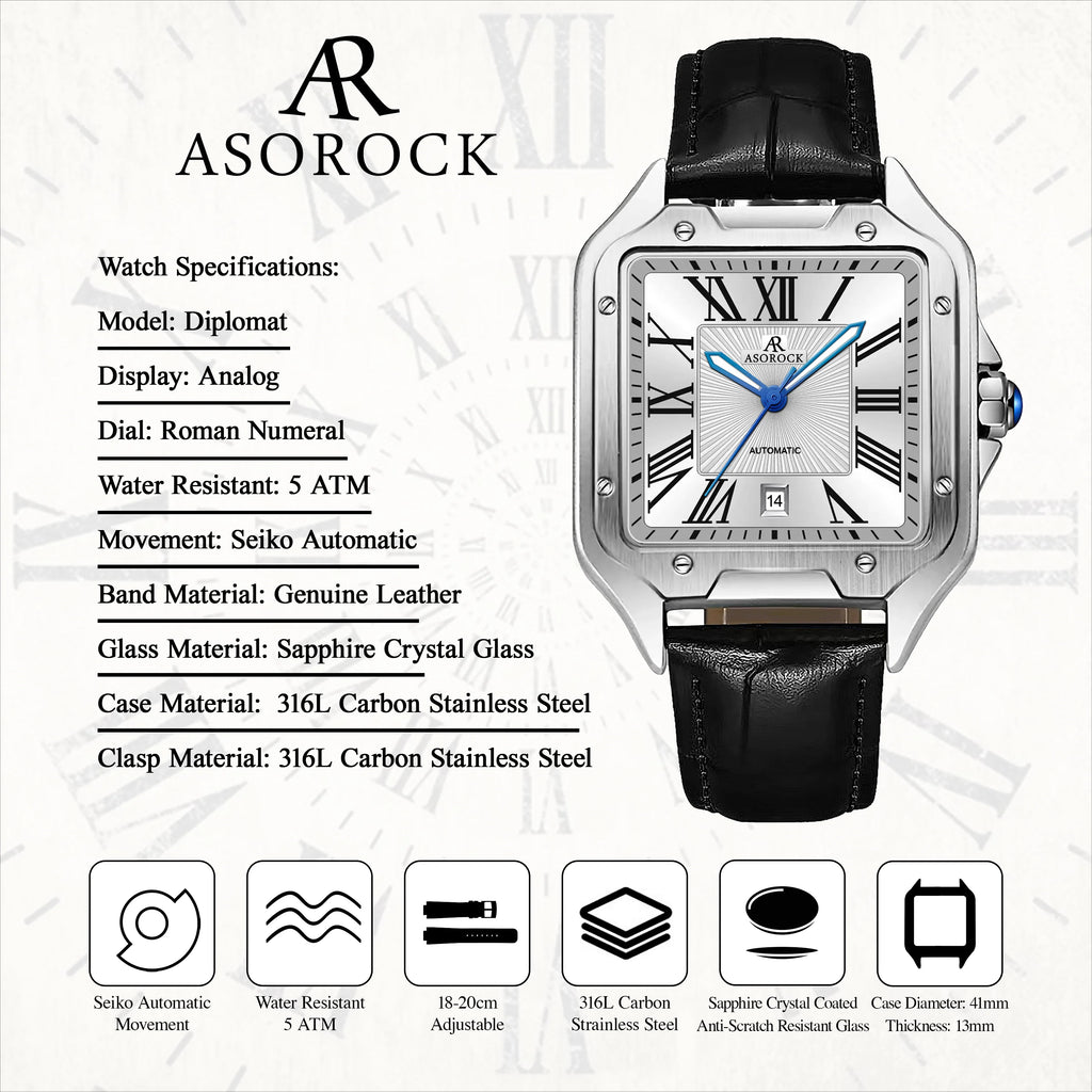 Silver/White Diplomat - from ASOROCK WATCHES  a black african american owned luxury unique watch brand with swiss rolex, Audemars Piguet, patek homage inspired style watches. Also a custom vvs moissanite diamond watch maker.