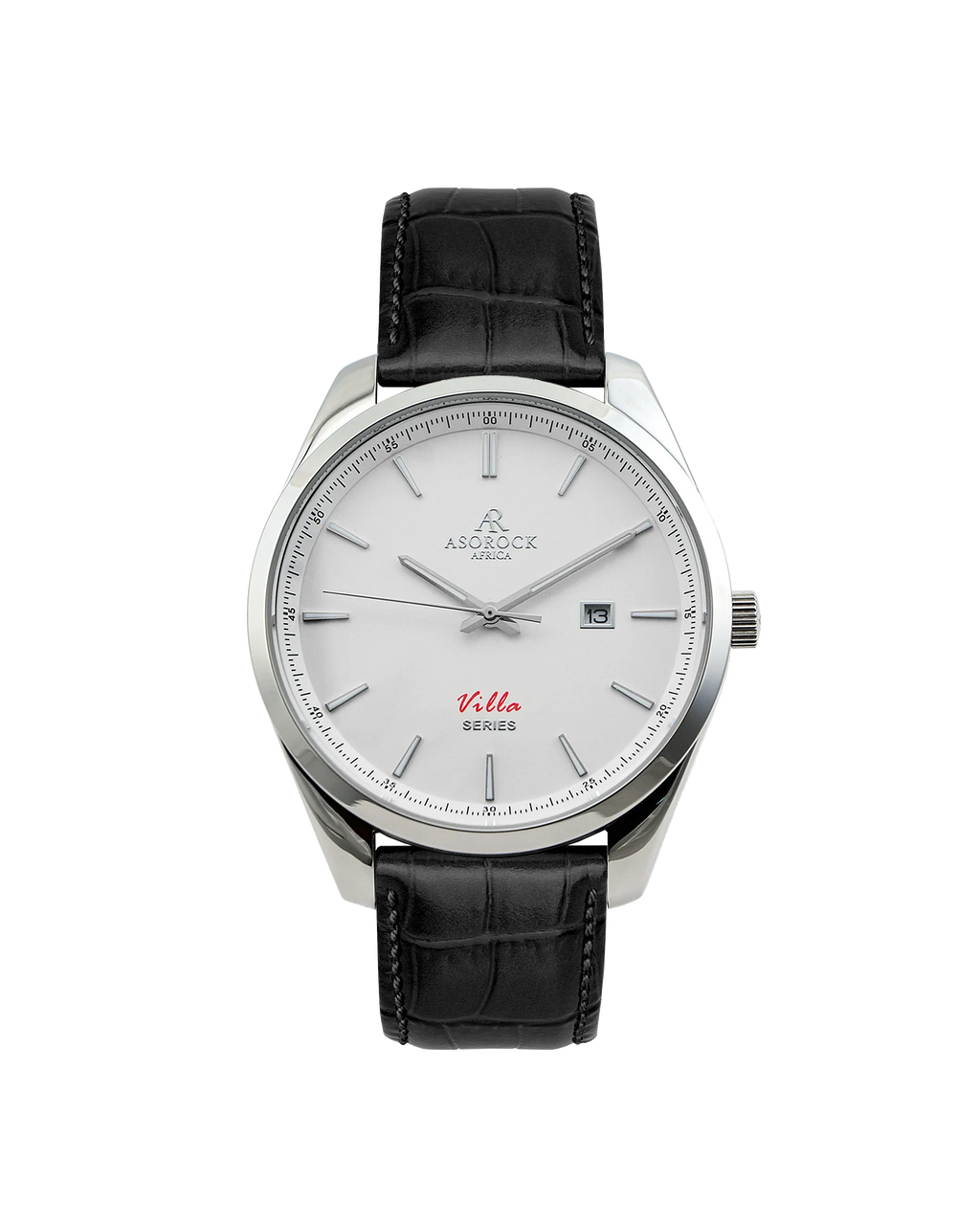 Silver/white - black leather strap Villa - from ASOROCK WATCHES  a black african american owned luxury unique watch brand with swiss rolex, Audemars Piguet, patek homage inspired style watches. Also a custom vvs moissanite diamond watch maker.