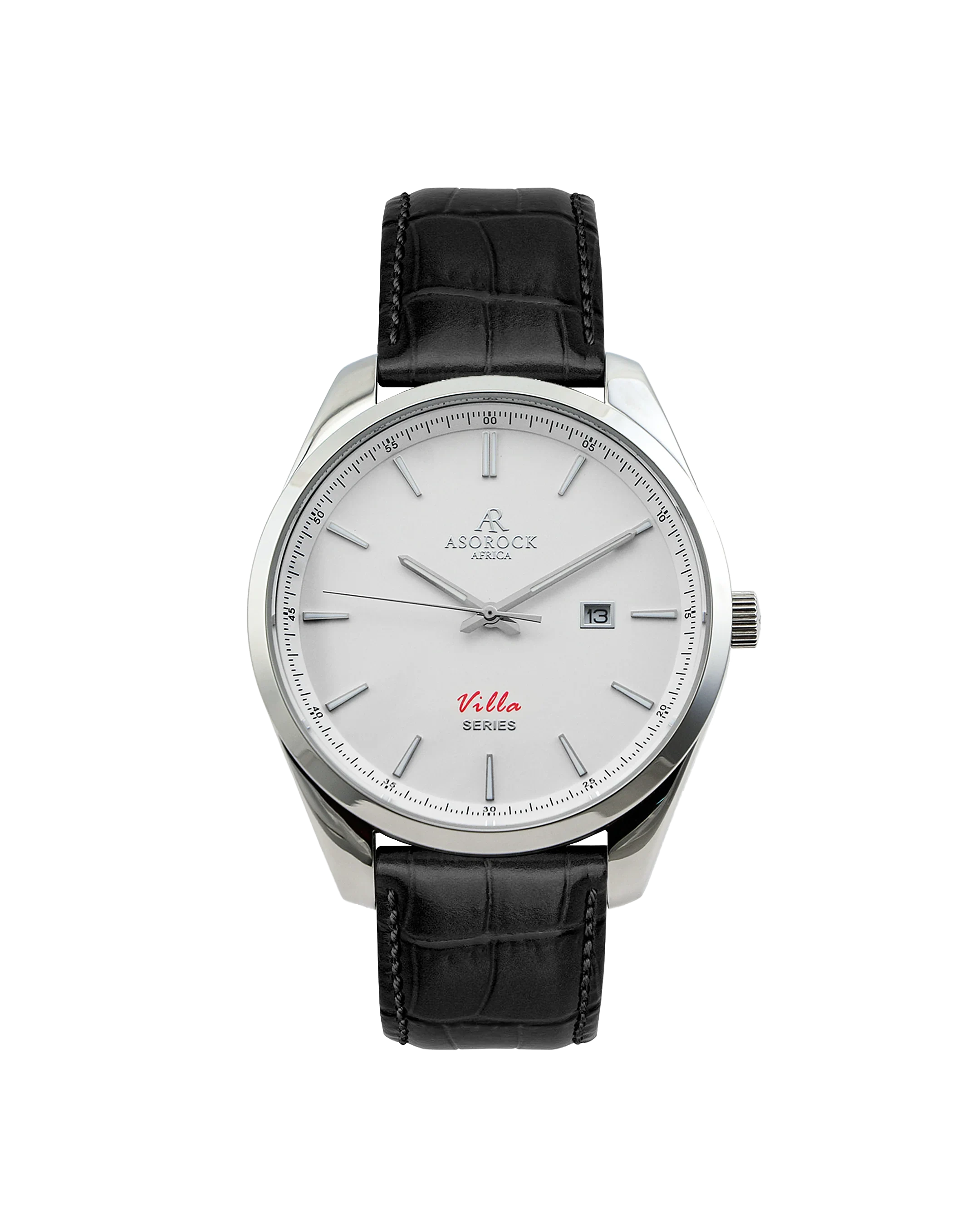 Silver/white - black leather strap Villa - from ASOROCK WATCHES  a black african american owned luxury unique watch brand with swiss rolex, Audemars Piguet, patek homage inspired style watches. Also a custom vvs moissanite diamond watch maker.