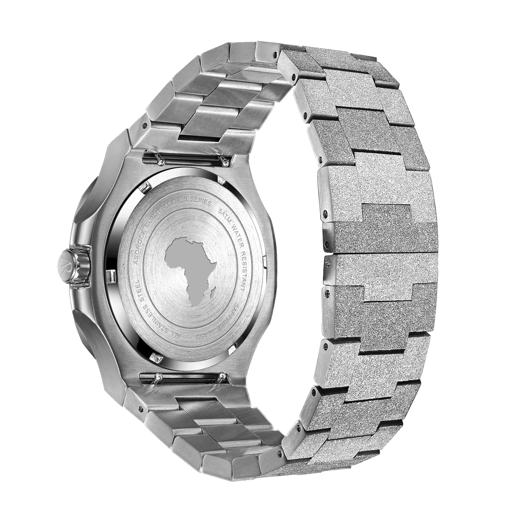Silver/Black Frosted Stardust Constellation Day Date - from ASOROCK WATCHES  a black african american owned luxury unique watch brand with swiss rolex, Audemars Piguet, patek homage inspired style watches. Also a custom vvs moissanite diamond watch maker. 