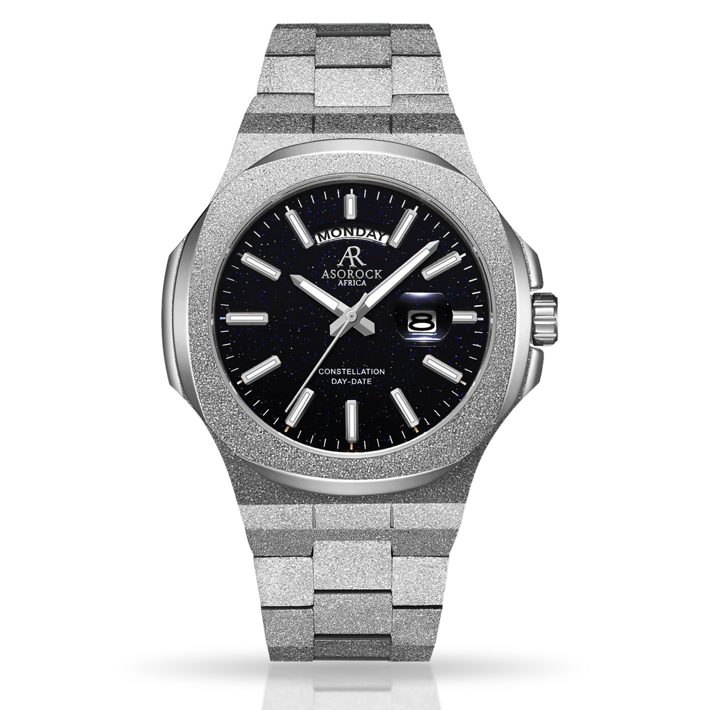 Silver/Black Frosted Stardust Constellation Day Date - from ASOROCK WATCHES  a black african american owned luxury unique watch brand with swiss rolex, Audemars Piguet, patek homage inspired style watches. Also a custom vvs moissanite diamond watch maker. 