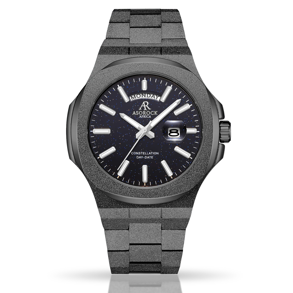 All Black frosted stardust Constellation Day-Date - from ASOROCK WATCHES  a black african american owned luxury unique watch brand with swiss rolex, Audemars Piguet, patek homage inspired style watches. Also a custom vvs moissanite diamond watch maker. 