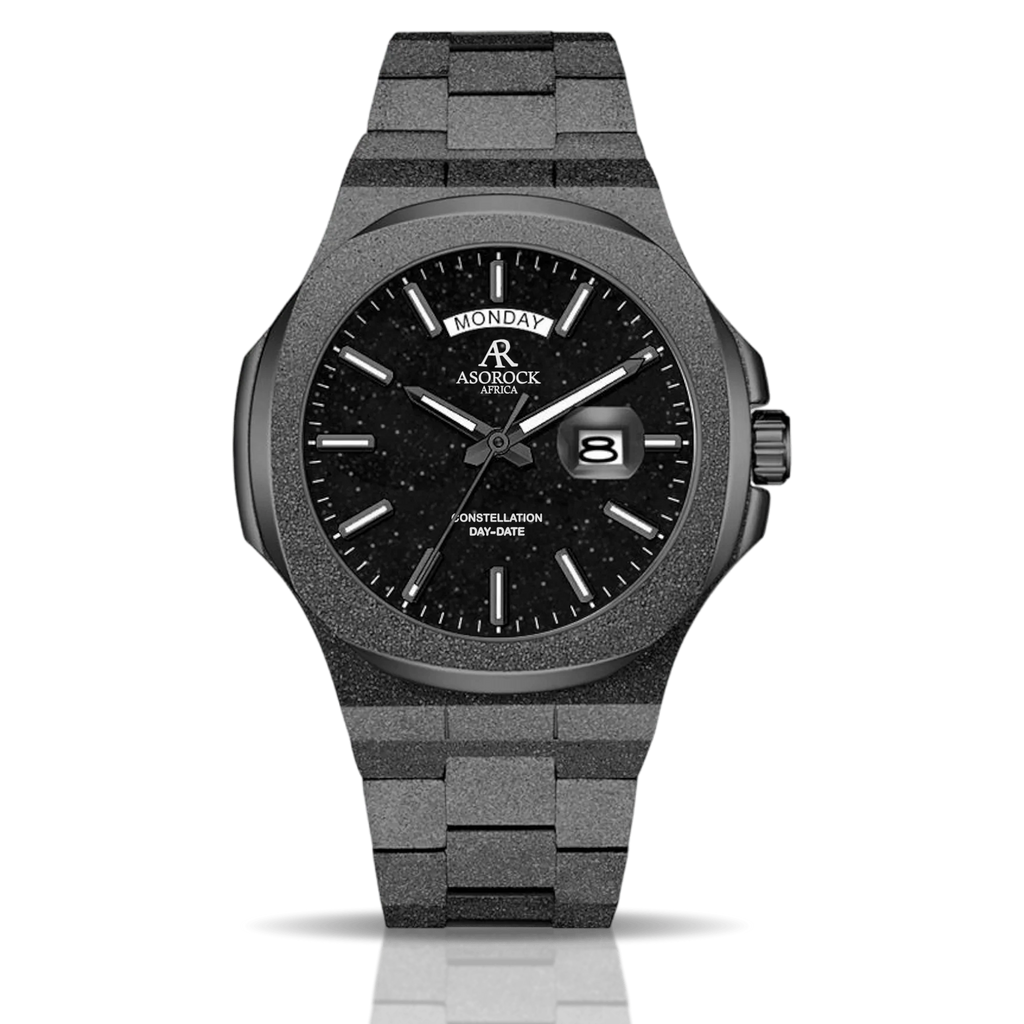 All Black frosted stardust Constellation Day-Date - from ASOROCK WATCHES  a black african american owned luxury unique watch brand with swiss rolex, Audemars Piguet, patek homage inspired style watches. Also a custom vvs moissanite diamond watch maker. 