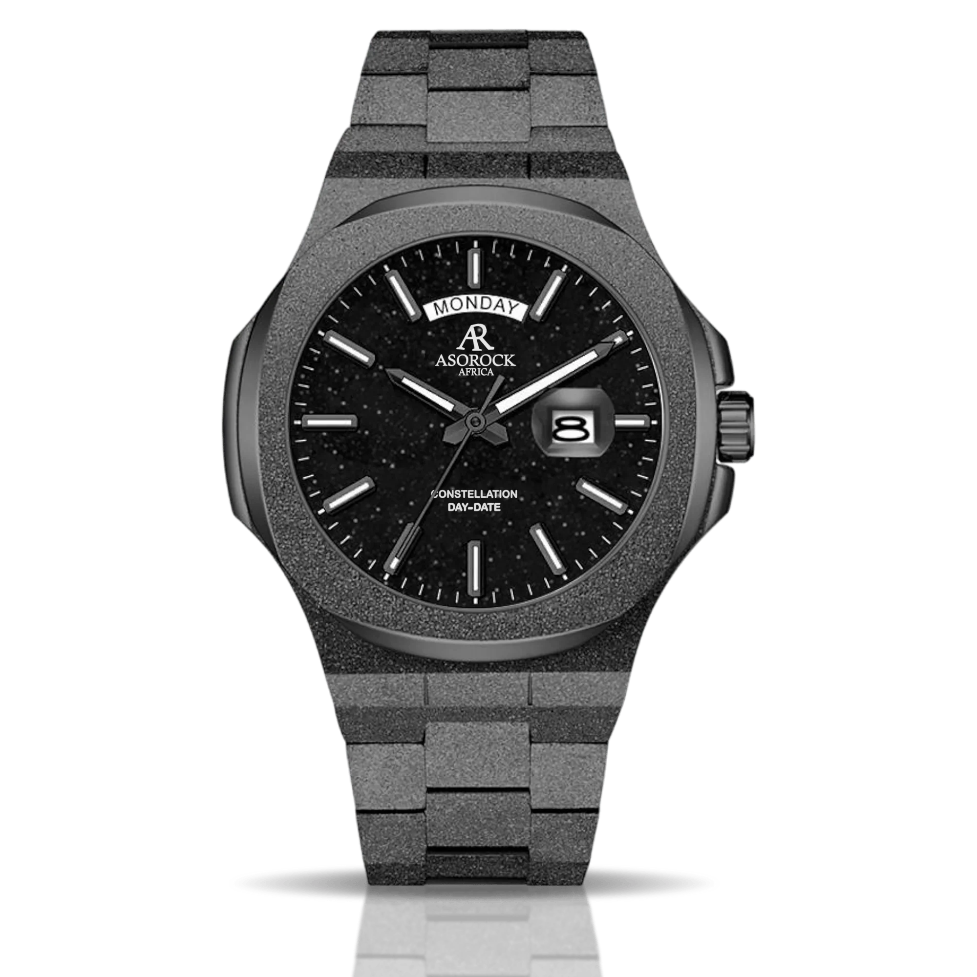 All Black frosted stardust Constellation Day-Date - from ASOROCK WATCHES  a black african american owned luxury unique watch brand with swiss rolex, Audemars Piguet, patek homage inspired style watches. Also a custom vvs moissanite diamond watch maker. 