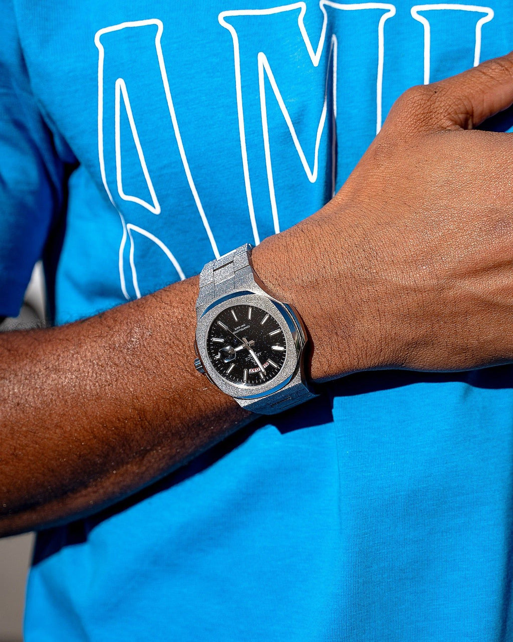 Silver/Black Frosted Stardust Constellation Day Date - from ASOROCK WATCHES  a black african american owned luxury unique watch brand with swiss rolex, Audemars Piguet, patek homage inspired style watches. Also a custom vvs moissanite diamond watch maker.