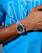 Silver/Black Frosted Stardust Constellation Day Date - from ASOROCK WATCHES  a black african american owned luxury unique watch brand with swiss rolex, Audemars Piguet, patek homage inspired style watches. Also a custom vvs moissanite diamond watch maker.