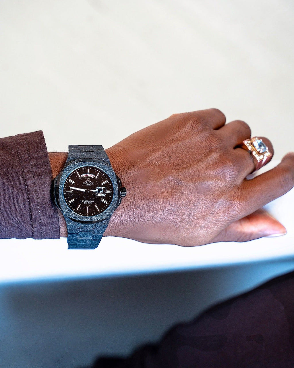 All Black frosted stardust Constellation Day-Date - from ASOROCK WATCHES  a black african american owned luxury unique watch brand with swiss rolex, Audemars Piguet, patek homage inspired style watches. Also a custom vvs moissanite diamond watch maker.