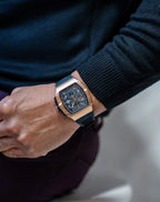 Rosegold/Black Motorsport GT - from ASOROCK WATCHES  a black african american owned luxury unique watch brand with swiss rolex, Audemars Piguet, patek homage inspired style watches. Also a custom vvs moissanite diamond watch maker.