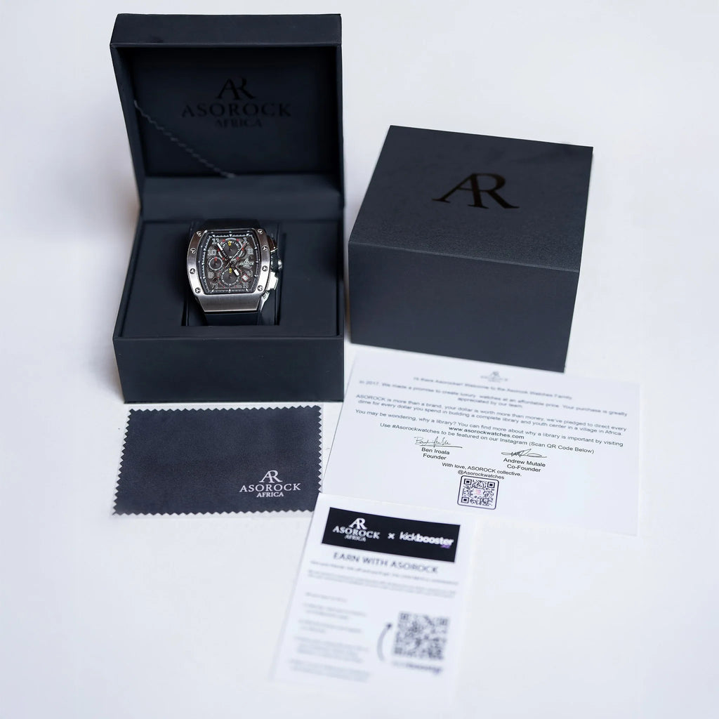 Silver/Black Motorsport GT - from ASOROCK WATCHES  a black african american owned luxury unique watch brand with swiss rolex, Audemars Piguet, patek homage inspired style watches. Also a custom vvs moissanite diamond watch maker.