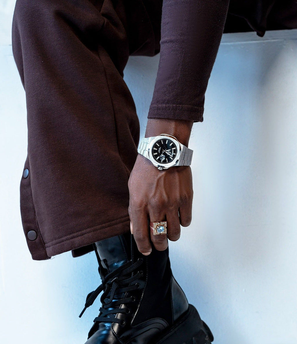 Silver/Black Frosted Stardust Constellation Day Date - from ASOROCK WATCHES  a black african american owned luxury unique watch brand with swiss rolex, Audemars Piguet, patek homage inspired style watches. Also a custom vvs moissanite diamond watch maker.