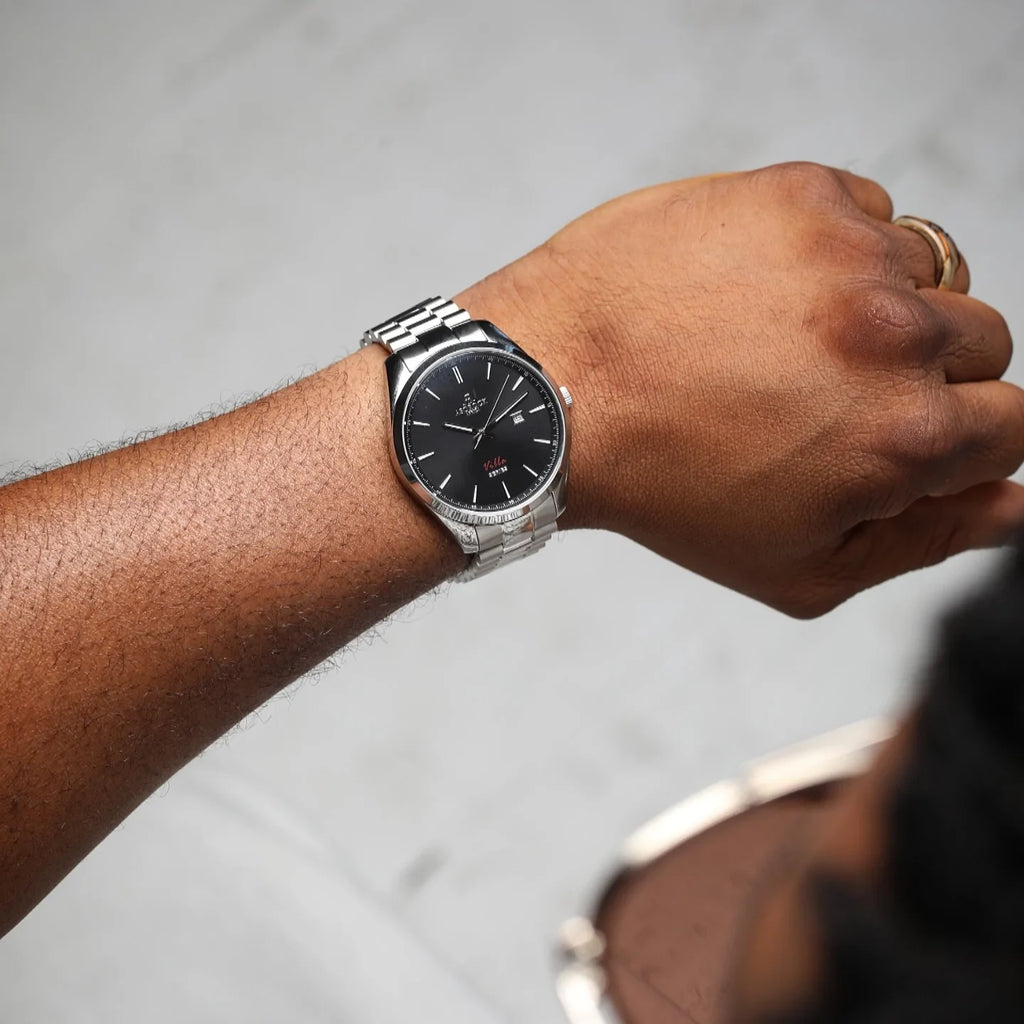 Silver/black villa - from ASOROCK WATCHES  a black african american owned luxury unique watch brand with swiss rolex, Audemars Piguet, patek homage inspired style watches. Also a custom vvs moissanite diamond watch maker.