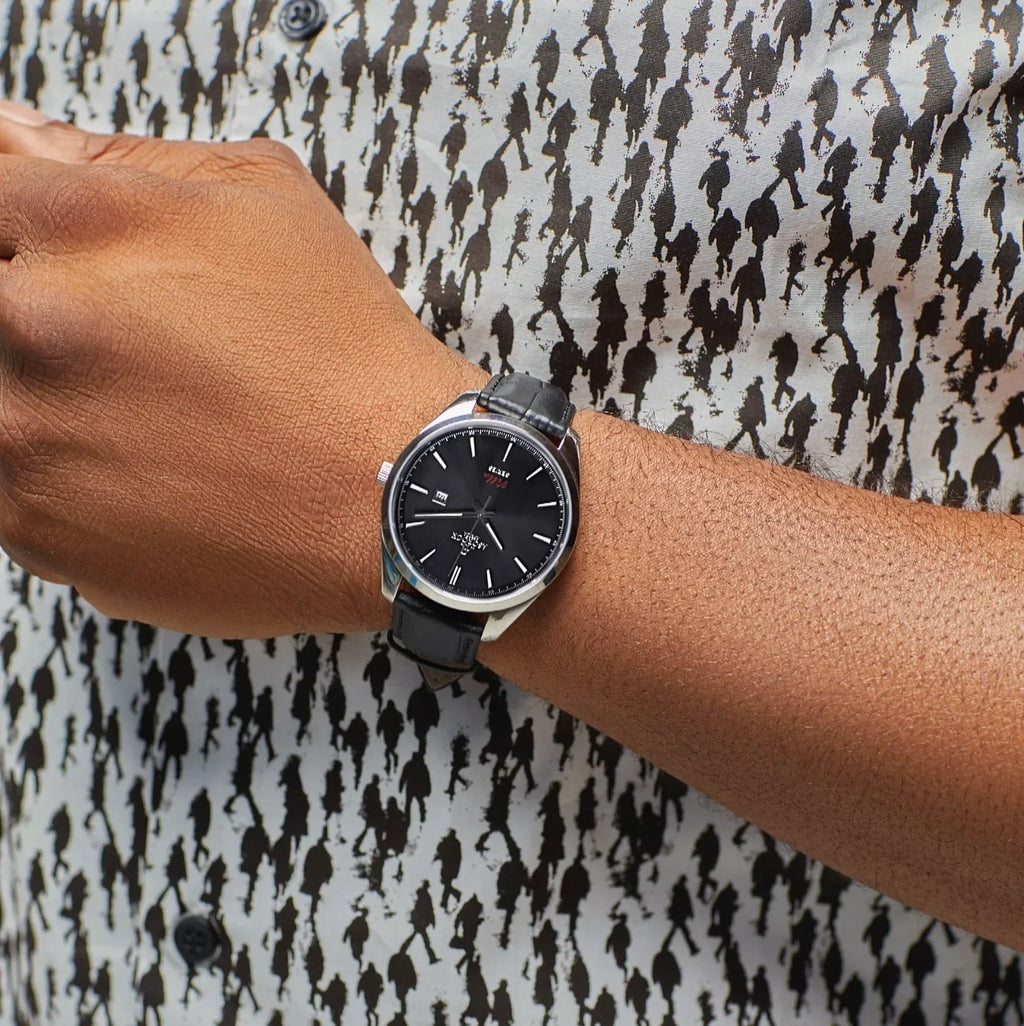 Silver/black - black leather strap Villa - from ASOROCK WATCHES  a black african american owned luxury unique watch brand with swiss rolex, Audemars Piguet, patek homage inspired style watches. Also a custom vvs moissanite diamond watch maker.