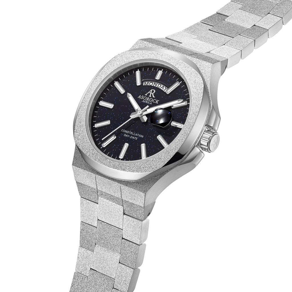 Silver/Black Frosted Stardust Constellation Day Date - from ASOROCK WATCHES  a black african american owned luxury unique watch brand with swiss rolex, Audemars Piguet, patek homage inspired style watches. Also a custom vvs moissanite diamond watch maker. 