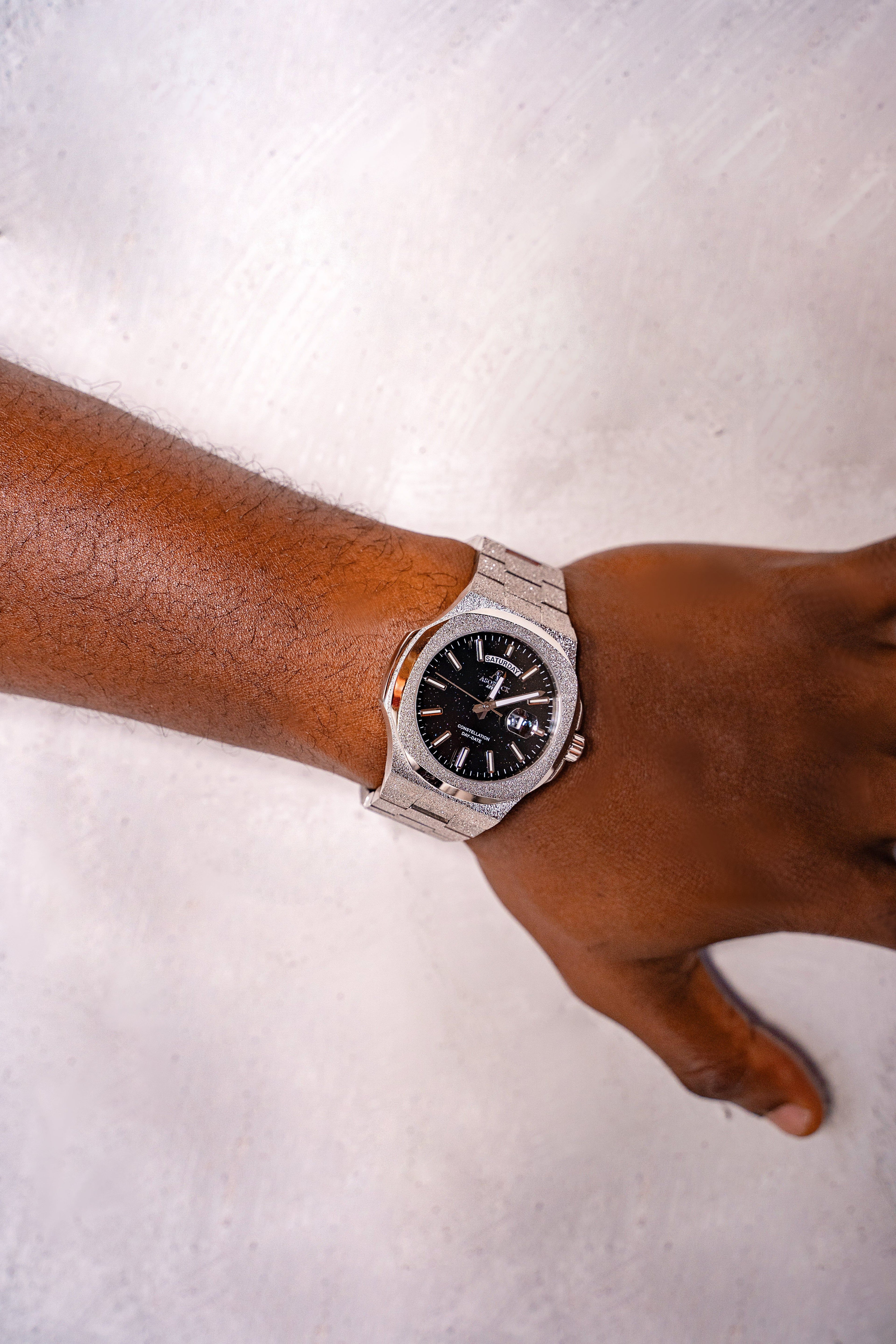 Silver/Black Frosted Stardust Constellation Day Date - from ASOROCK WATCHES  a black african american owned luxury unique watch brand with swiss rolex, Audemars Piguet, patek homage inspired style watches. Also a custom vvs moissanite diamond watch maker. 