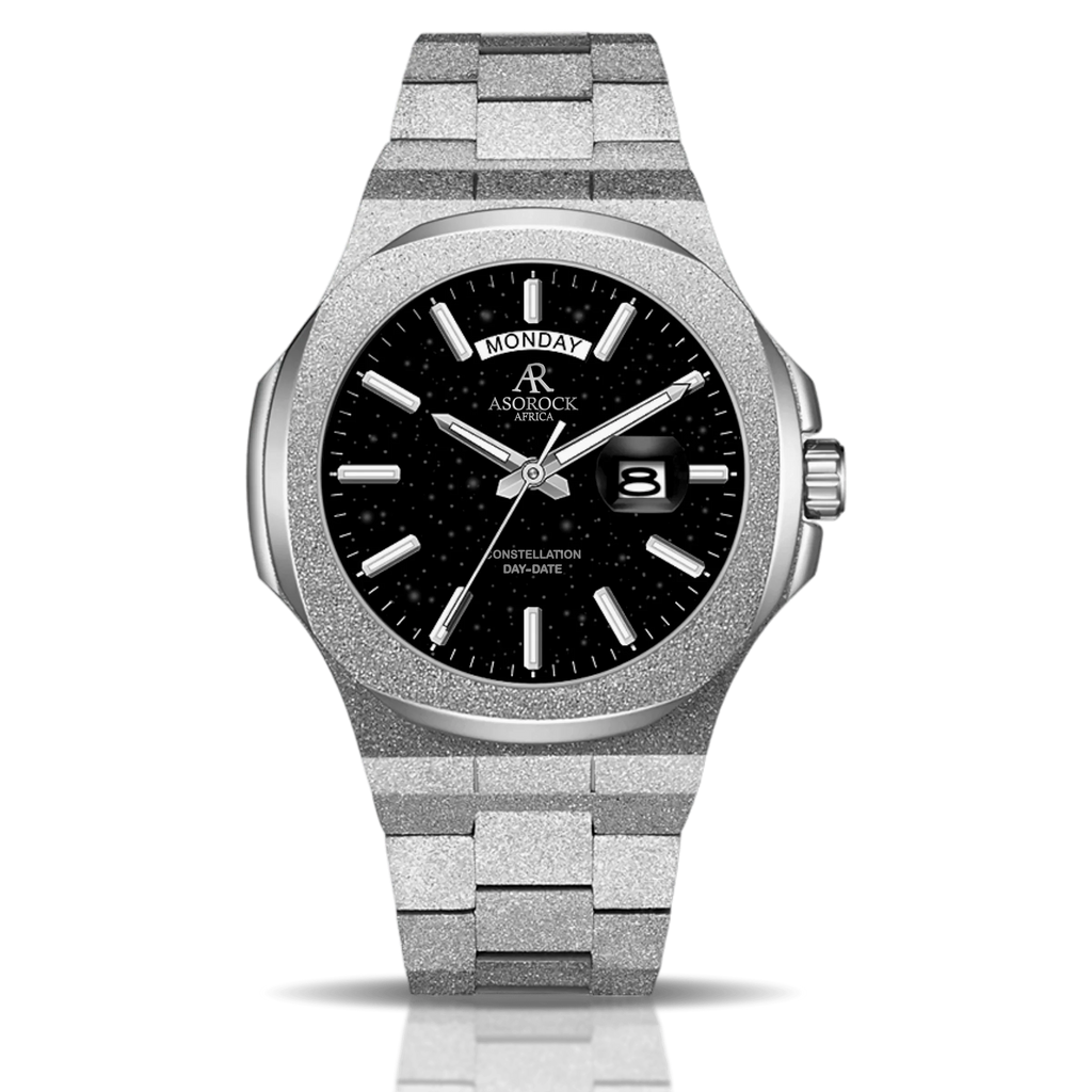 Silver/Black Frosted Stardust Constellation Day Date - from ASOROCK WATCHES  a black african american owned luxury unique watch brand with swiss rolex, Audemars Piguet, patek homage inspired style watches. Also a custom vvs moissanite diamond watch maker. 