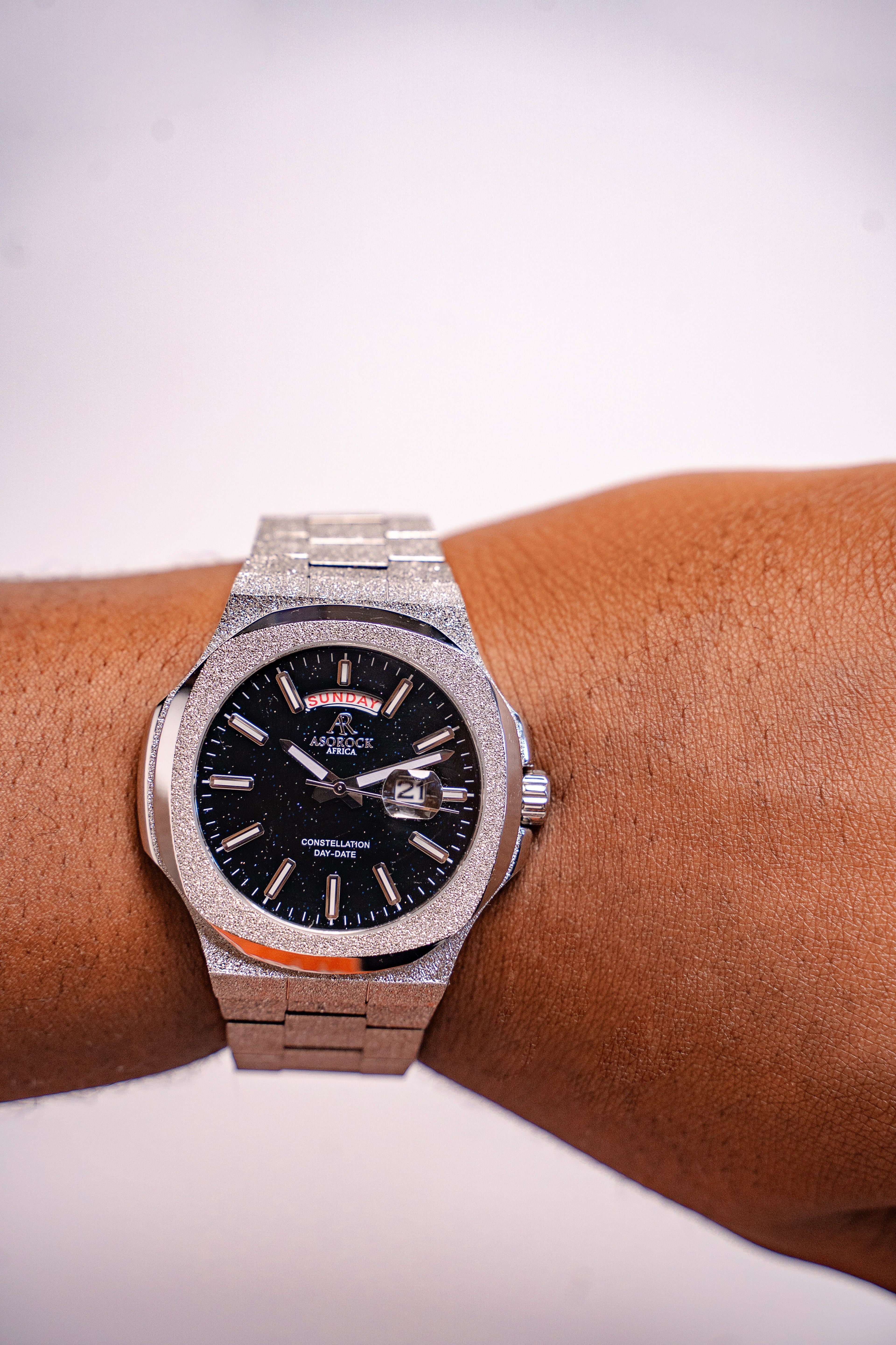 Silver/Black Frosted Stardust Constellation Day Date - from ASOROCK WATCHES  a black african american owned luxury unique watch brand with swiss rolex, Audemars Piguet, patek homage inspired style watches. Also a custom vvs moissanite diamond watch maker. 