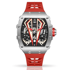 Silver/red Motorsport V2 automatic - from ASOROCK WATCHES  a black african american owned luxury unique watch brand with swiss rolex, Audemars Piguet, patek homage inspired style watches. Also a custom vvs moissanite diamond watch maker. 