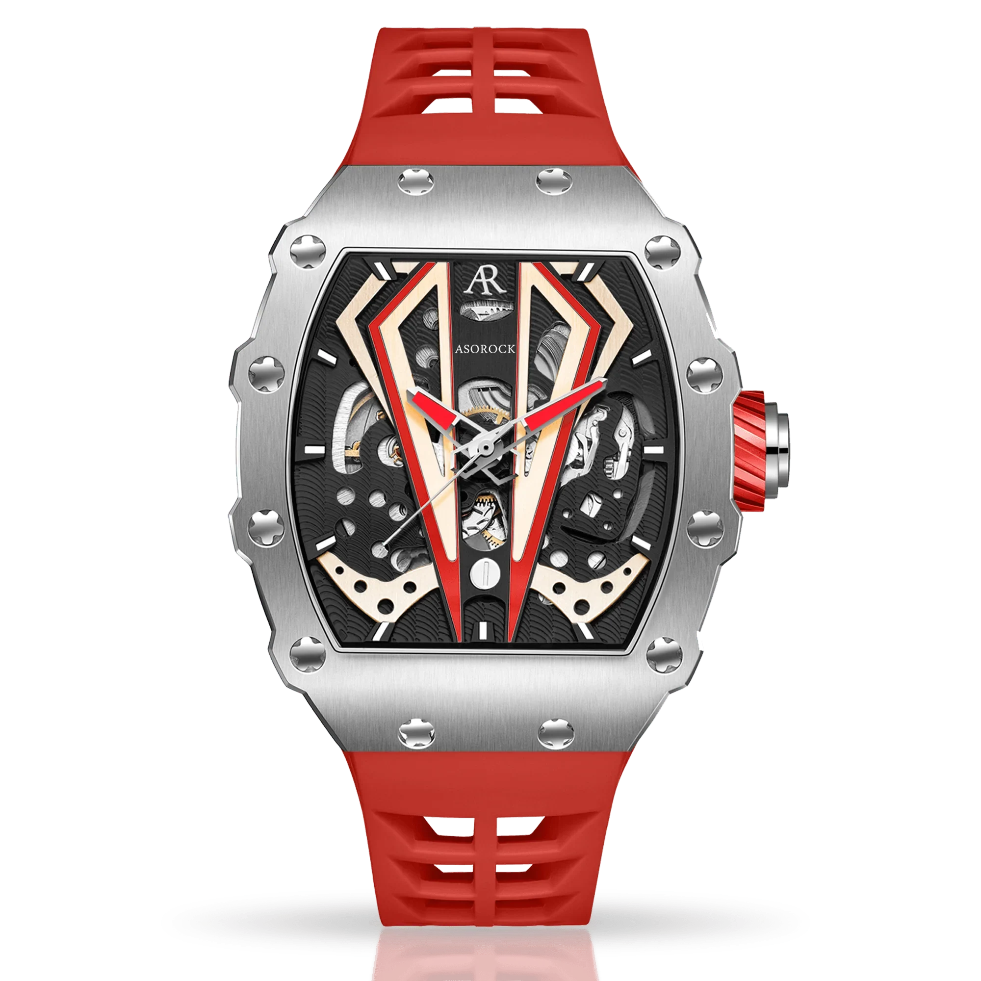 Silver/red Motorsport V2 automatic - from ASOROCK WATCHES  a black african american owned luxury unique watch brand with swiss rolex, Audemars Piguet, patek homage inspired style watches. Also a custom vvs moissanite diamond watch maker. 