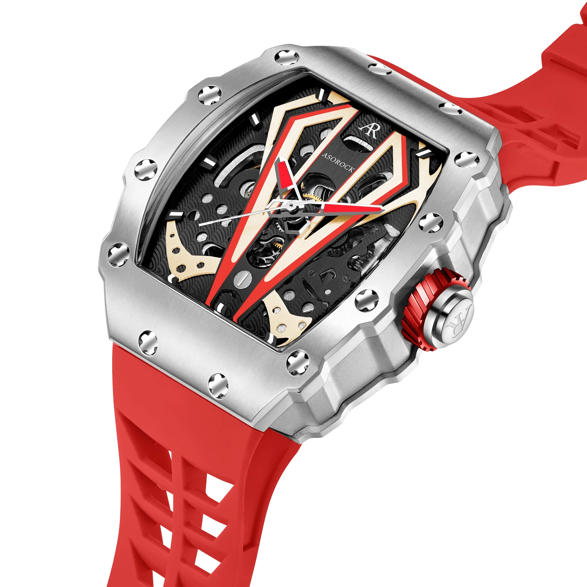 Silver/red Motorsport V2 automatic - from ASOROCK WATCHES  a black african american owned luxury unique watch brand with swiss rolex, Audemars Piguet, patek homage inspired style watches. Also a custom vvs moissanite diamond watch maker. 