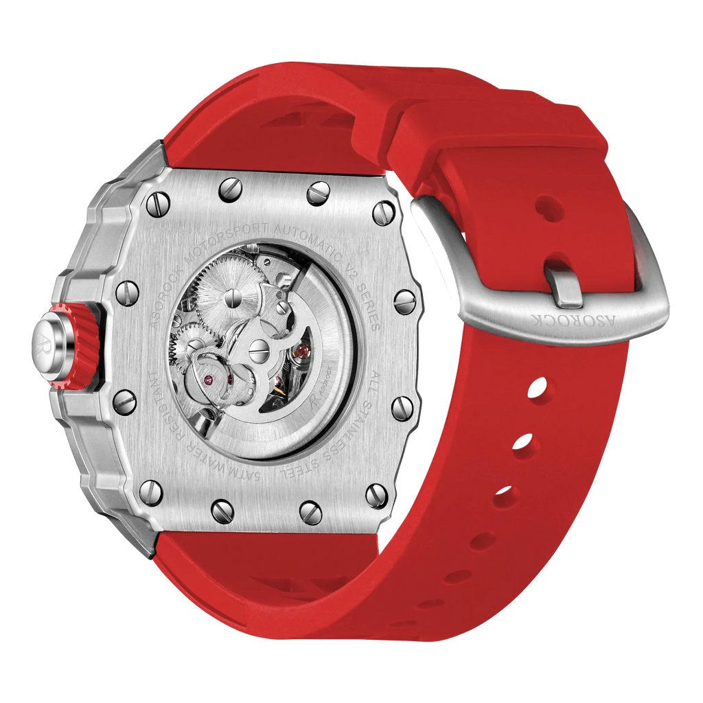 Silver/red Motorsport V2 automatic - from ASOROCK WATCHES  a black african american owned luxury unique watch brand with swiss rolex, Audemars Piguet, patek homage inspired style watches. Also a custom vvs moissanite diamond watch maker. 