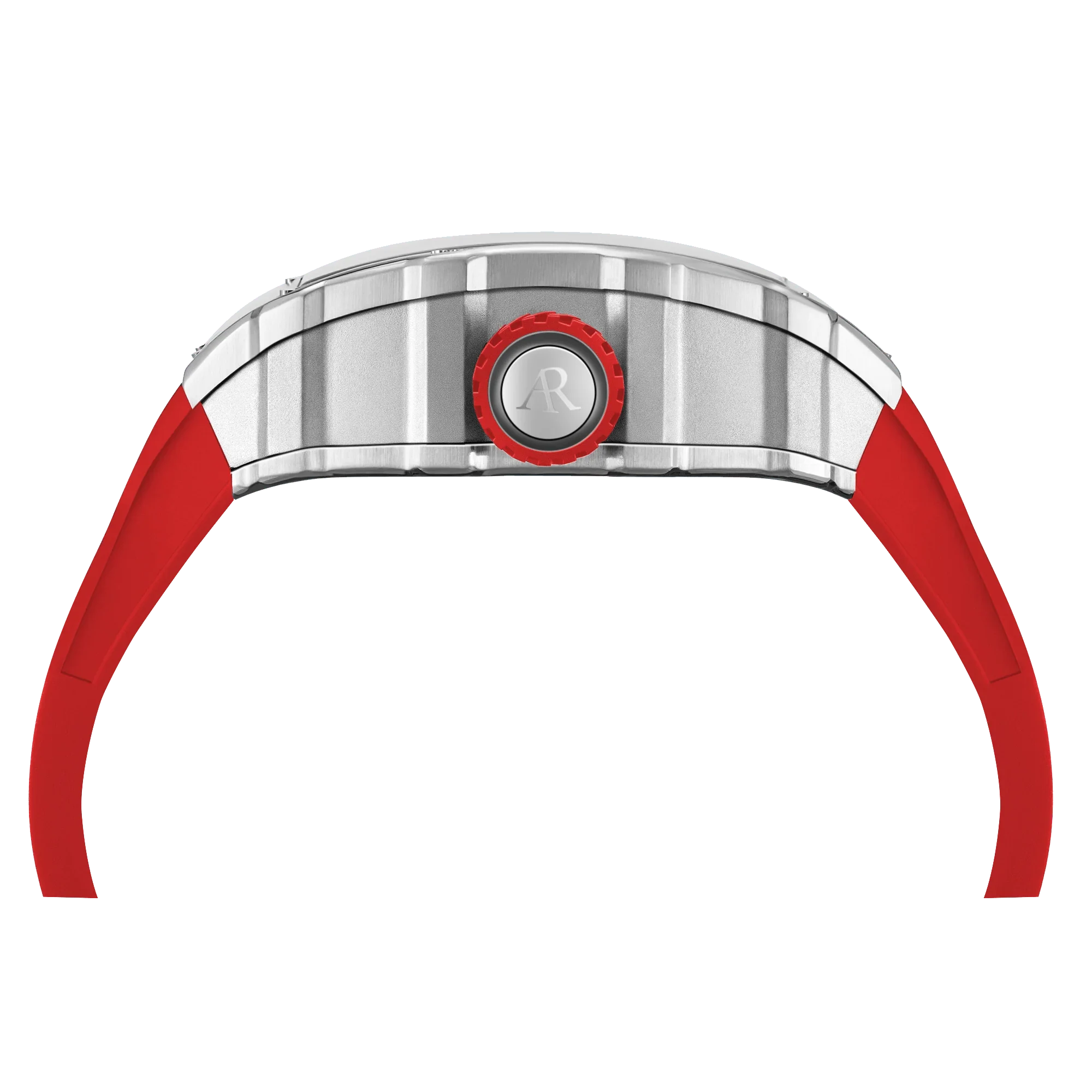 Silver/red Motorsport V2 automatic - from ASOROCK WATCHES  a black african american owned luxury unique watch brand with swiss rolex, Audemars Piguet, patek homage inspired style watches. Also a custom vvs moissanite diamond watch maker. 