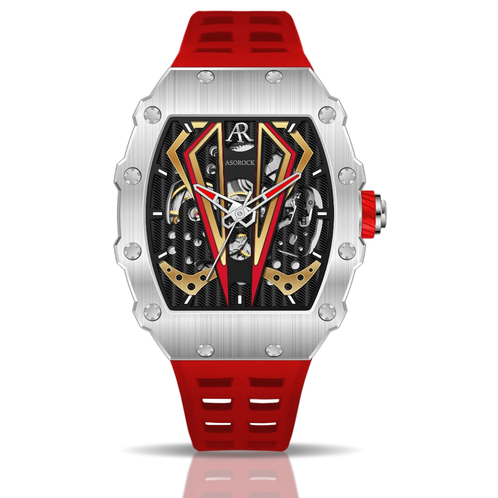 Silver/red Motorsport V2 automatic - from ASOROCK WATCHES  a black african american owned luxury unique watch brand with swiss rolex, Audemars Piguet, patek homage inspired style watches. Also a custom vvs moissanite diamond watch maker. 