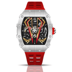 Silver/red Motorsport V2 automatic - from ASOROCK WATCHES  a black african american owned luxury unique watch brand with swiss rolex, Audemars Piguet, patek homage inspired style watches. Also a custom vvs moissanite diamond watch maker. 
