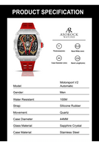 Silver/red Motorsport V2 automatic - from ASOROCK WATCHES  a black african american owned luxury unique watch brand with swiss rolex, Audemars Piguet, patek homage inspired style watches. Also a custom vvs moissanite diamond watch maker. 