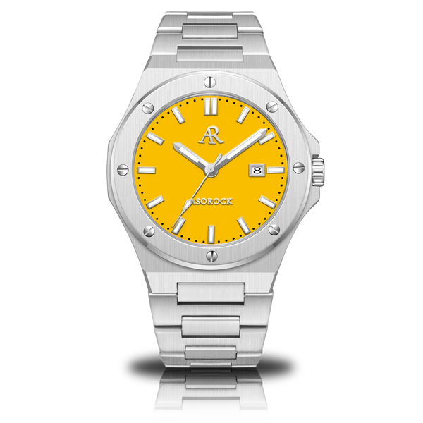 Silver/yellow Mansa - from ASOROCK WATCHES  a black african american owned luxury unique watch brand with swiss rolex, Audemars Piguet, patek homage inspired style watches. Also a custom vvs moissanite diamond watch maker.