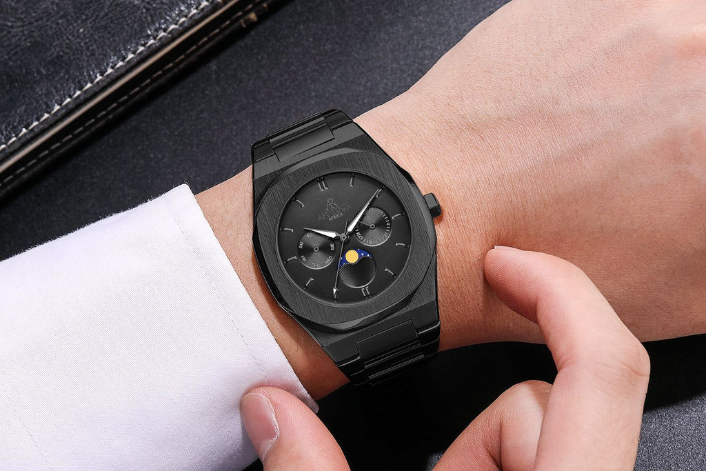 All Black Transporter - from ASOROCK WATCHES  a black african american owned luxury unique watch brand with swiss rolex, Audemars Piguet, patek homage inspired style watches. Also a custom vvs moissanite diamond watch maker. 