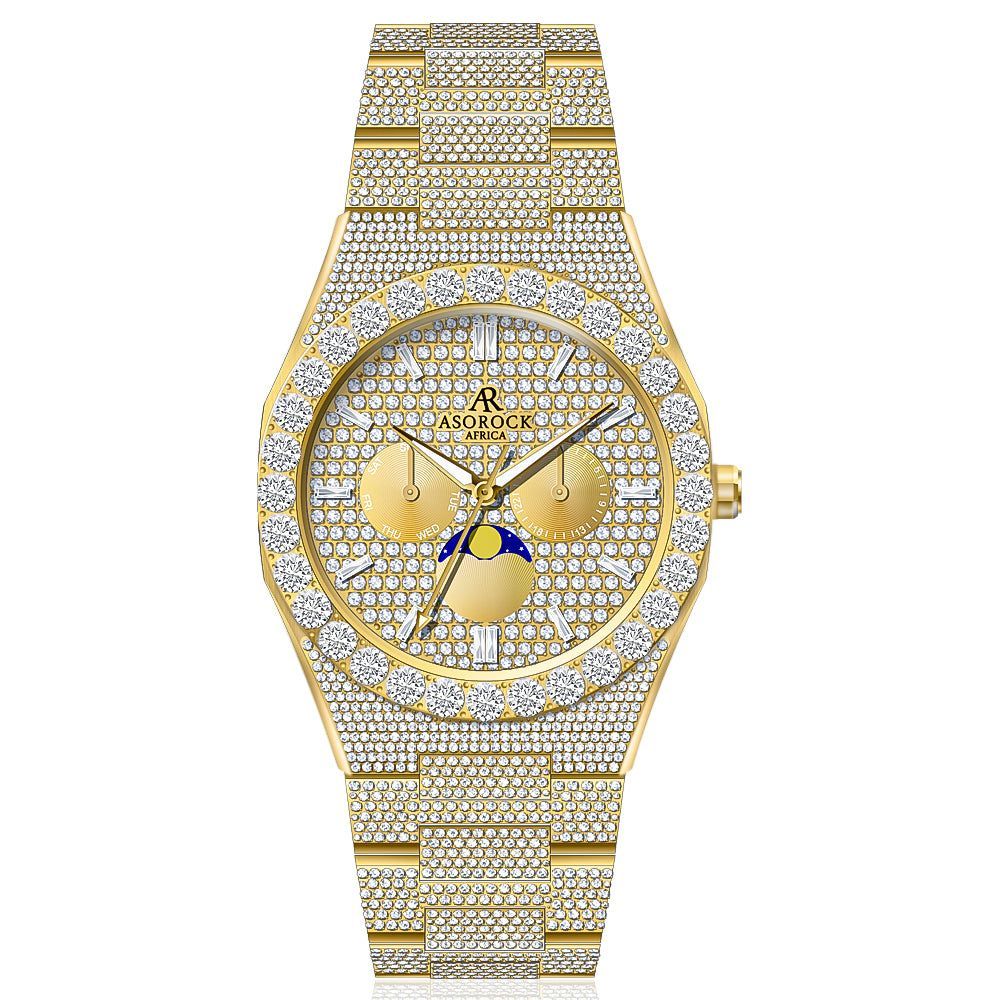 Fully iced out diamond transporter - from ASOROCK WATCHES  a black african american owned luxury unique watch brand with swiss rolex, Audemars Piguet, patek homage inspired style watches. Also a custom vvs moissanite diamond watch maker. 