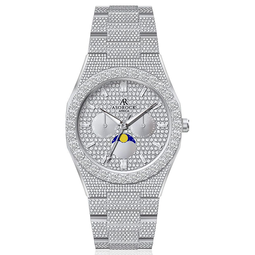 Fully iced out diamond transporter - from ASOROCK WATCHES  a black african american owned luxury unique watch brand with swiss rolex, Audemars Piguet, patek homage inspired style watches. Also a custom vvs moissanite diamond watch maker. 