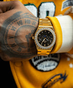 Iced diamond bezel transporter - plain straps - from ASOROCK WATCHES  a black african american owned luxury unique watch brand with swiss rolex, Audemars Piguet, patek homage inspired style watches. Also a custom vvs moissanite diamond watch maker. 