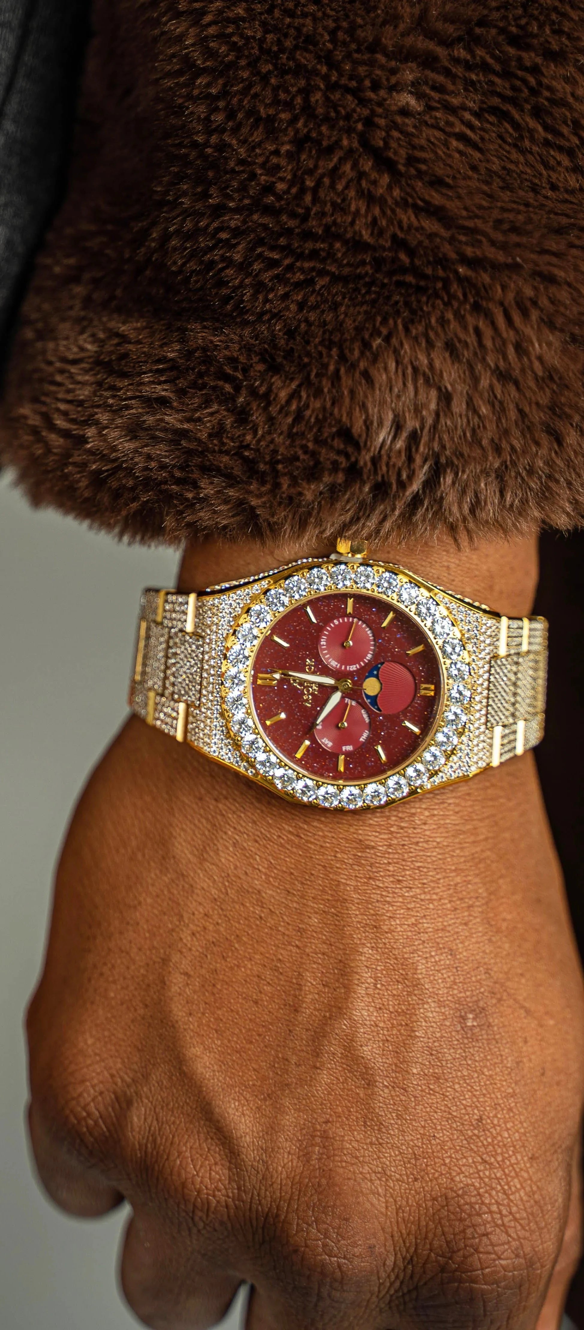 Iced transporter - Big diamond bezel - Fully iced strap - from ASOROCK WATCHES  a black african american owned luxury unique watch brand with swiss rolex, Audemars Piguet, patek homage inspired style watches. Also a custom vvs moissanite diamond watch maker. 